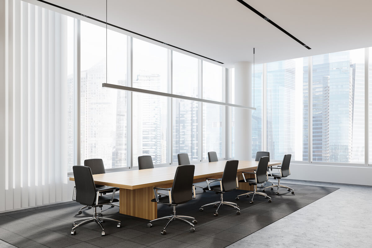 conference table with buildings in the background